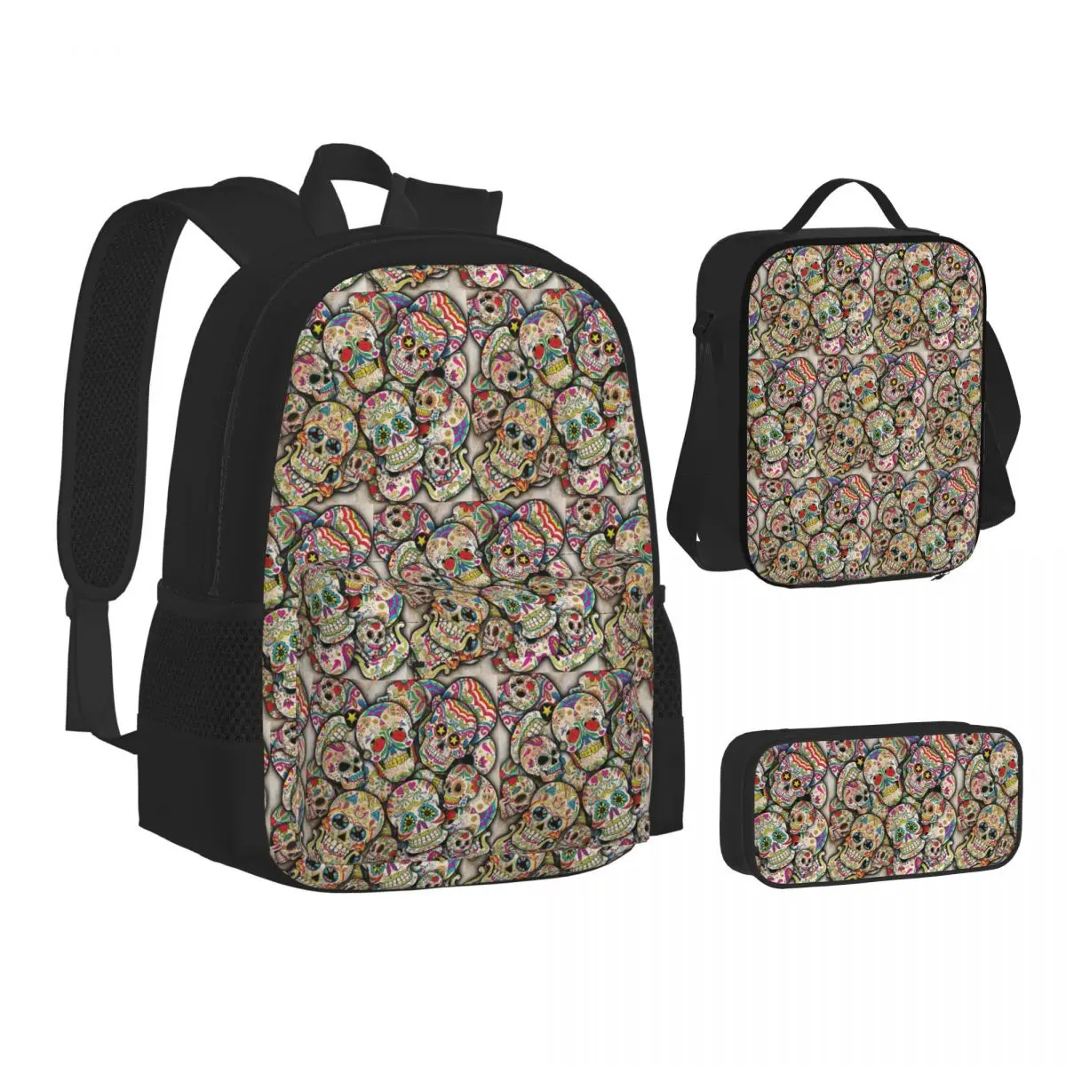 

Sugar Skull Collage Backpacks Students Bookbag School Bags Kids Rucksack Lunch Bag Pen Bag Three-Piece Set