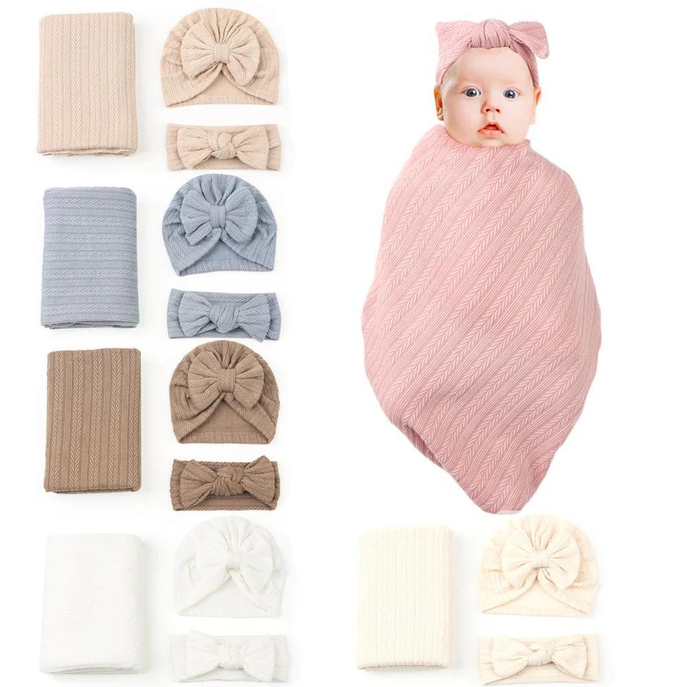 

Spring&Autumn Safe Polyester-cotton Newborn Baby Swaddle Wrapping Towel Hat Rabbit Ear Headband 3PCS Suit Gift For Infants