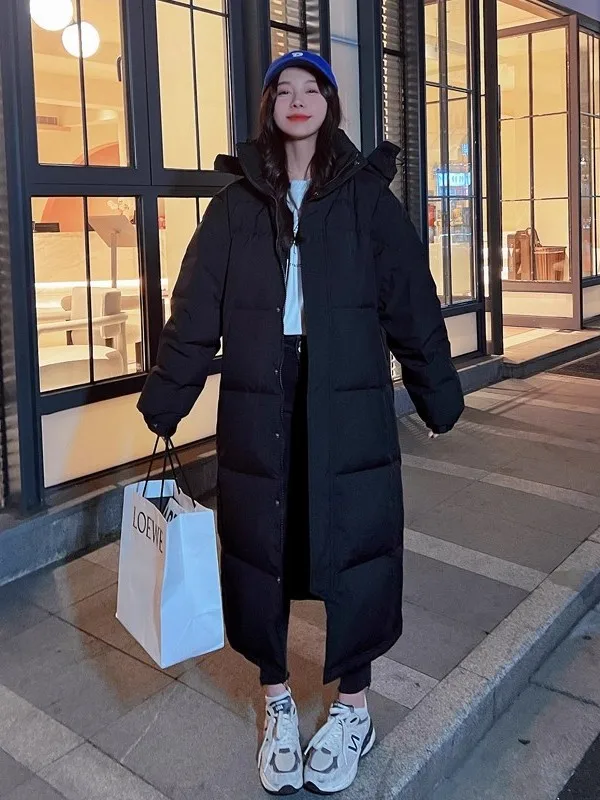 

Зимняя утепленная длинная куртка с капюшоном для женщин, пуховик до колен, студенческое пальто свободного кроя на молнии, цветное