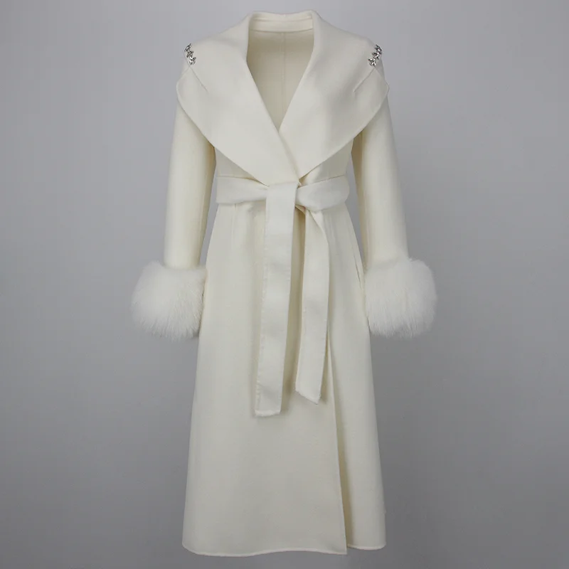 

2023 New Winter Woman Real Fox Fur Cuffs Big Turndown Collar Belt Slim Elegant X-Long Trench Coat Cashmere Blends Wool Outerwear