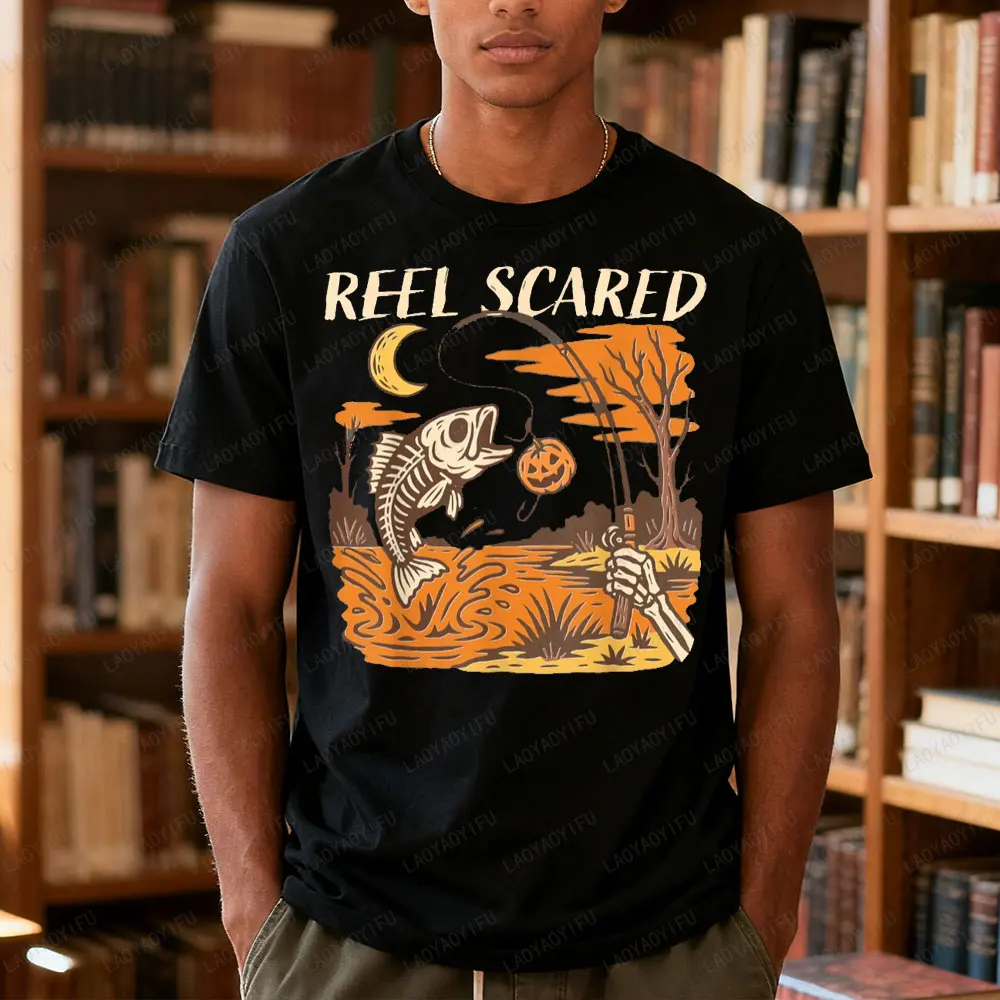 Reel Scared Halloween Scary Night Fishing Printed T-shirt Horrible Skeleton Fishbone Pumpkin Graphic T Shirts Woman Men Tops