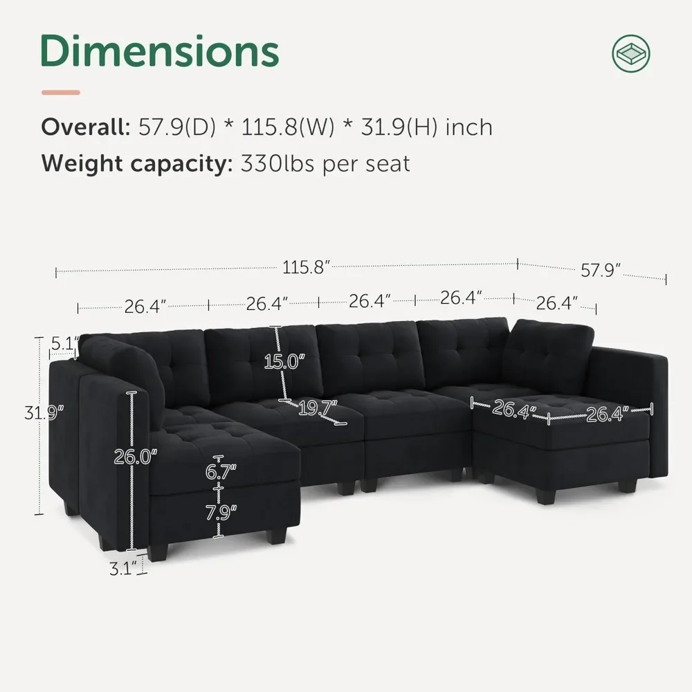 Sofa, Modular Sectional Velvet Couch with Double Chaises Seater Sectional Sofa with Storage, Sofa Set Living Room Furniture