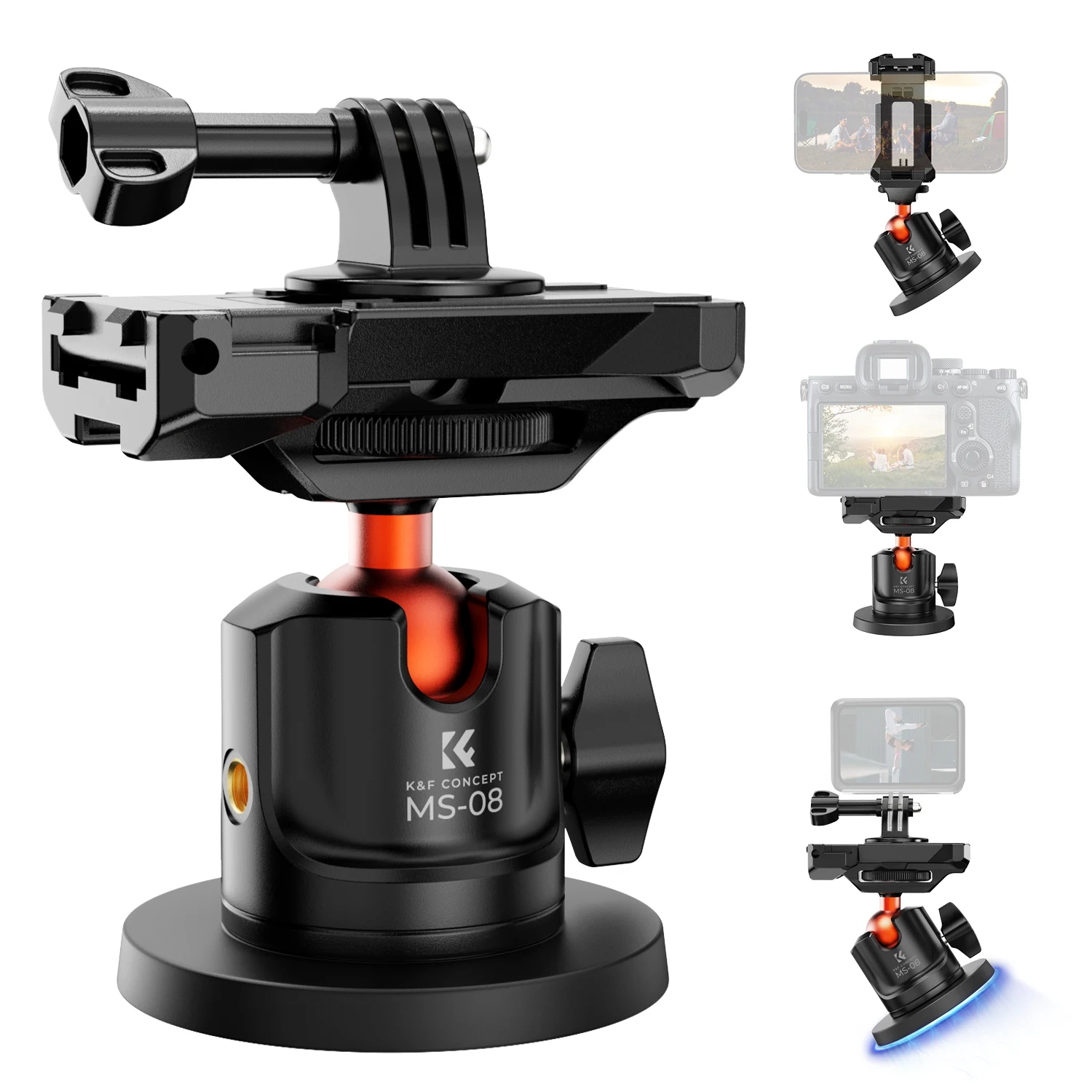 K&F CONCEPT 블랙 MS08 자석 카메라 마운트 키트 360도 볼헤드 스마트폰 클립 포함 DJI Osmo Action 5 Pro 4 3 GoPro HERO 13 12 Insta360 X4 X3 Ace Pro 호환