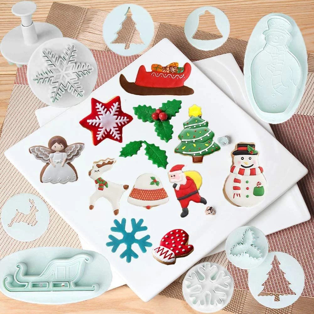 22Pcs Christmas Fondant Cake Cookie Plunger Cutter Sugarcraft Snowflake Snowman Christmas Tree Leaf Shape DIY Decorating Tools