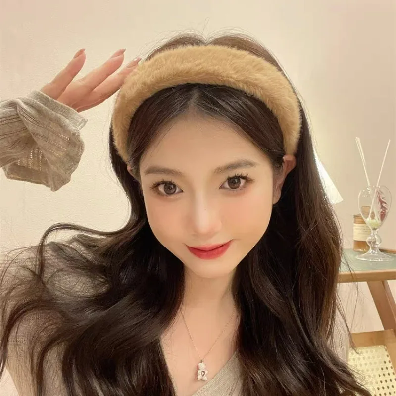 Winter Plush Hair Bands for Women Girls Korean Fashion Solid Wide Rabbit Fur Hairbands Sweet Furry Hair Hoop Hair Accessories