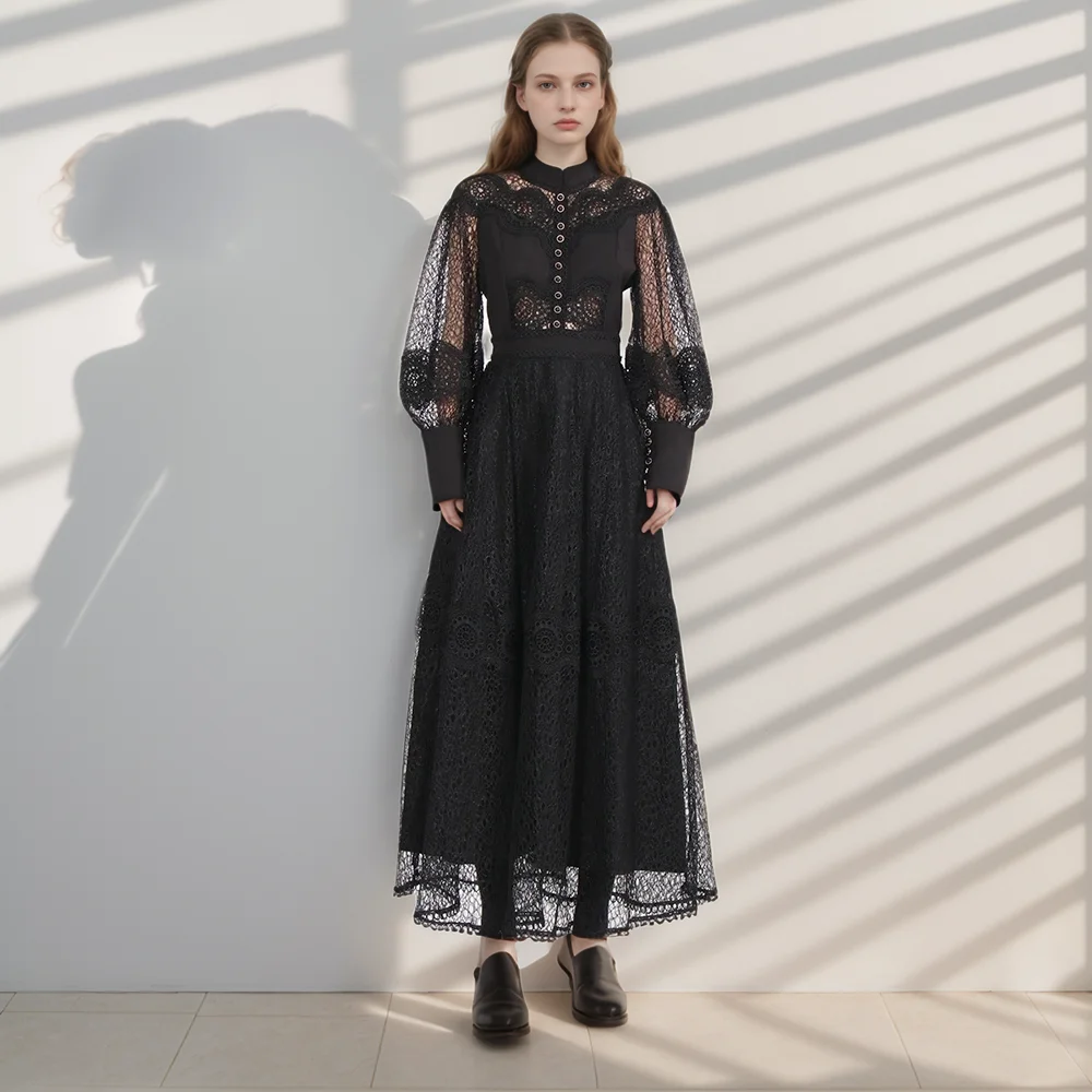 

Solid Hollow Out Lace Dresses For Women Stand Collar Lantern Sleeve High Waist Patchwork Button Elegant Dress Female Fashion