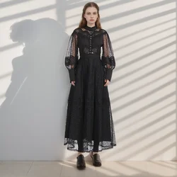 Solid Hollow Out Lace Dresses For Women Stand Collar Lantern Sleeve High Waist Patchwork Button Elegant Dress Female Fashion