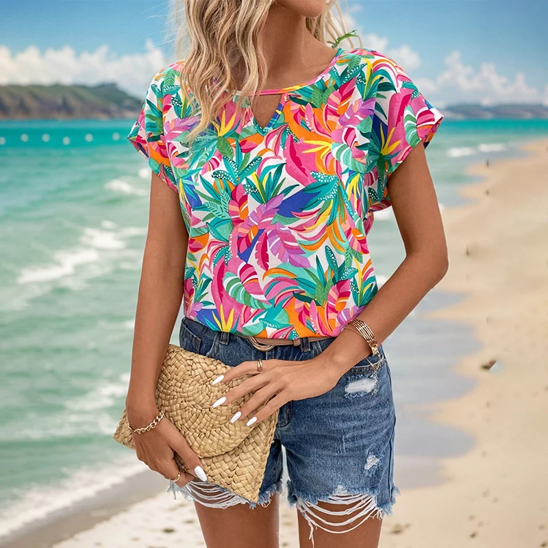 Hawaiian blouse Ladies Advanced Breathable crew-neck fashion Summer short sleeve High Street Korean beach style feminine eleganc