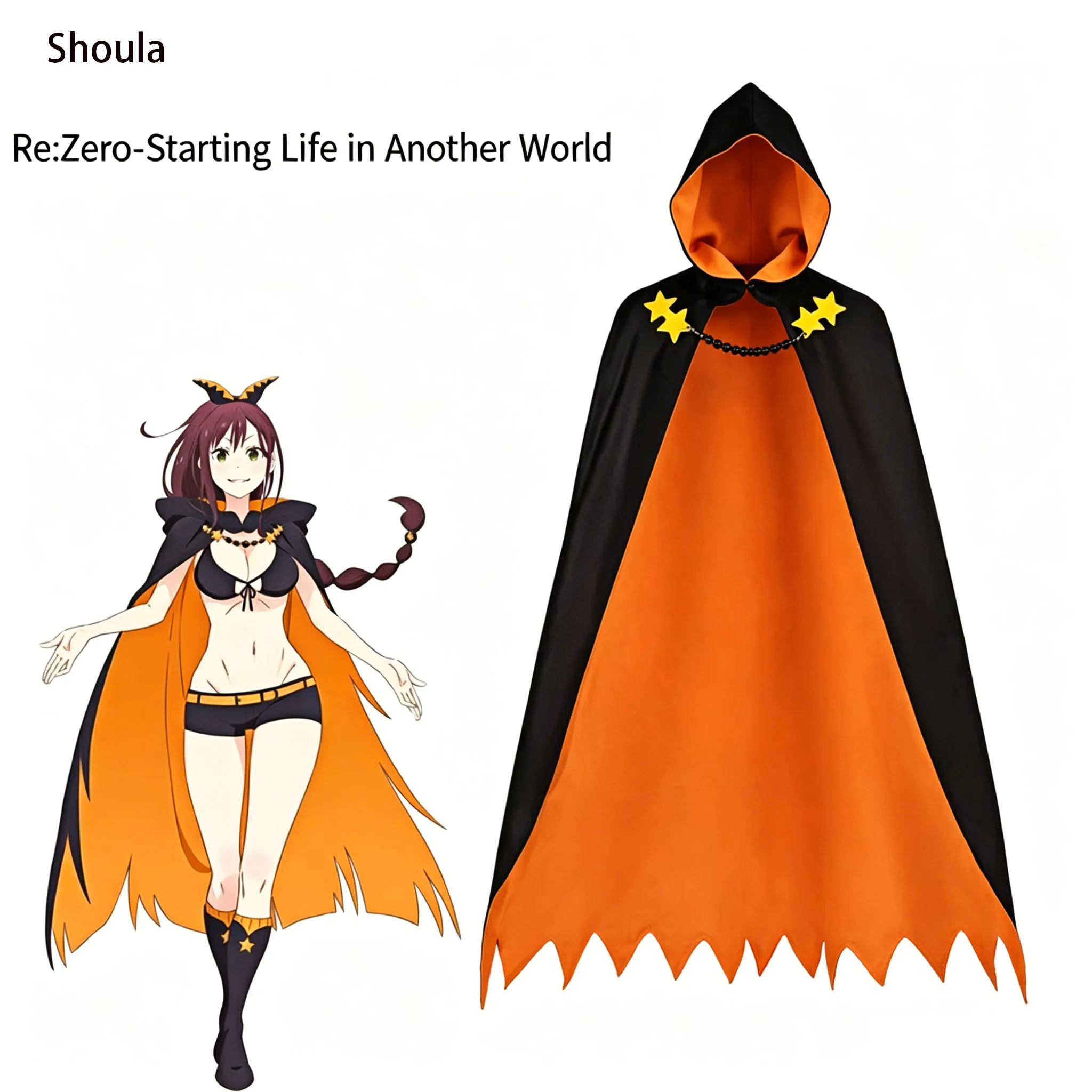Re:Zero Shaula Cosplay Black Orange Hooded Cloak Crop Top Shorts Gloves Socks Necklace Belt Full Anime Halloween Cosplay Outfit view 3