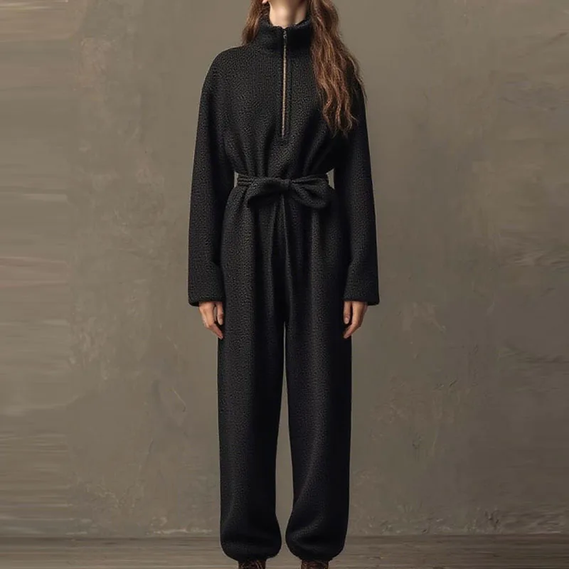 Pagliaccetto tinta unita colletto alla coreana moda autunnale elegante tuta lunga ampia a vita alta tuta casual da strada tascabile a maniche lunghe