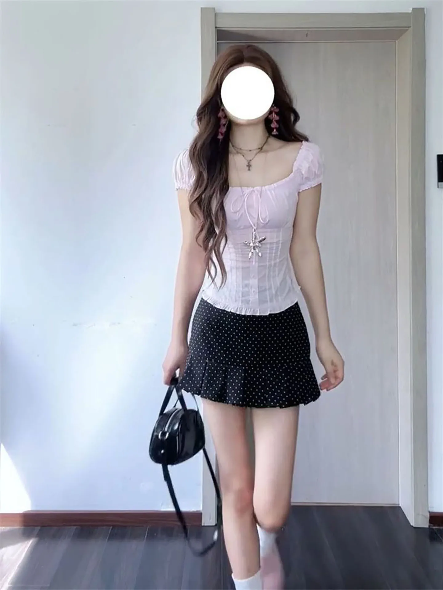 

Pink Polka Dot Bridesmaid Outfit with Bowknot Square Collar Short Sleeve Top And Pleated Skirt Two Piece Set for Women