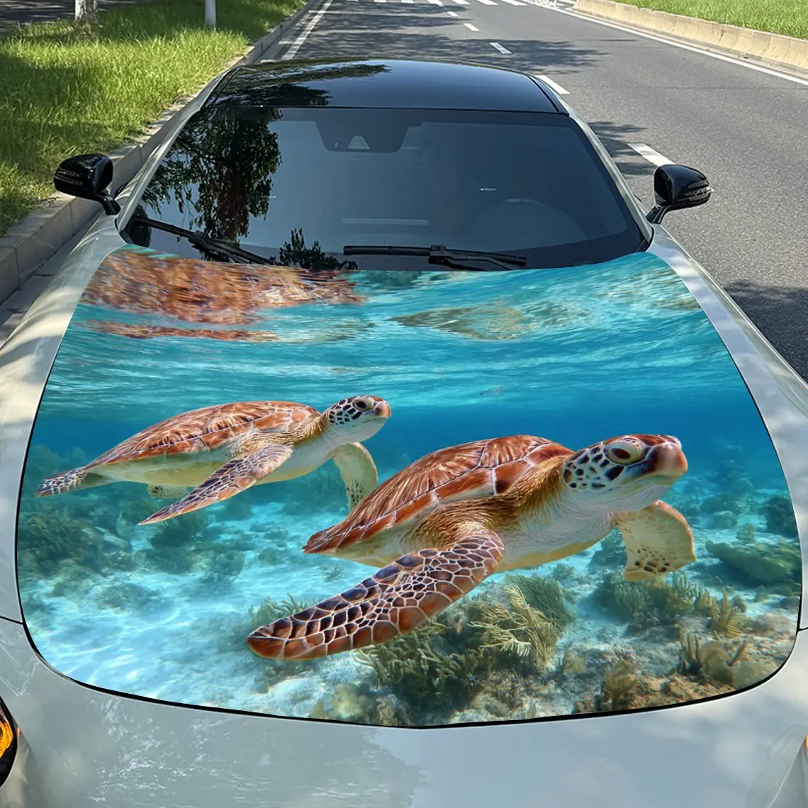 Car Decals Realistic Sea Turtles Gliding in a Crystal - Clear, Lively Underwater Environment Car Hood Sticker, Waterproof Self -