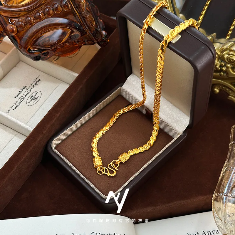 Luxury 24K 9999 Pure Gold real gold Women's oblate snake bone necklace
