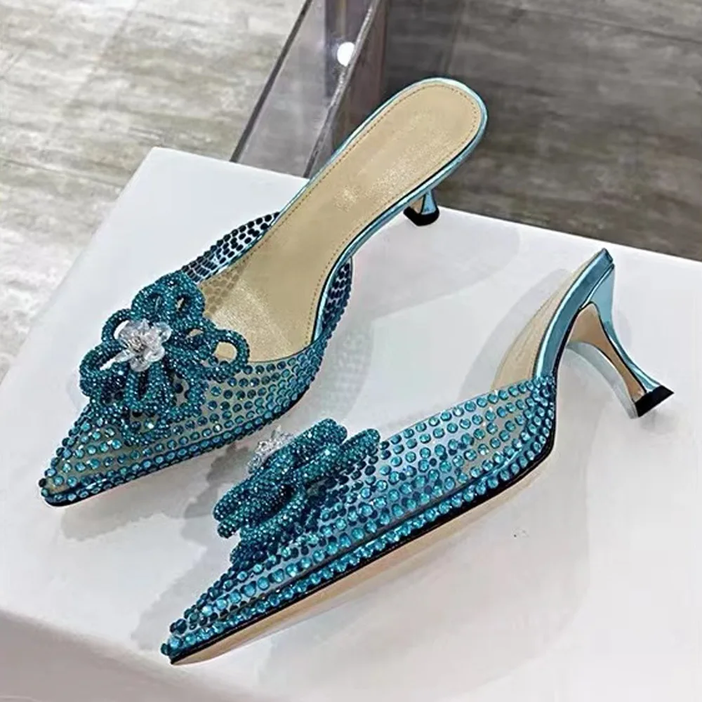 

2026 Women's Pointed Full Diamond Rhinestone Lotus High Heel Sandals Slippers Stiletto Fashion Party Evening Dress Catwalk Shoes