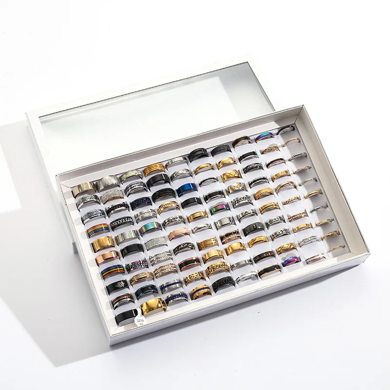 

100Pcs/Box Finger Rings Punk Hip-Hop Water Diamond Inlay Mixed Styles Couple Rings Trend Jewelry Accessories For Women Men Gift