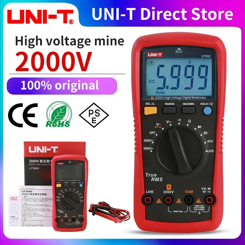 

UNI-T UT892 Цифровой мультиметр 2000 В Тестер высокого напряжения Измеритель напряжения переменного и постоянного тока Сопротивление емкости NCV LIVE Диодный анализатор VFC