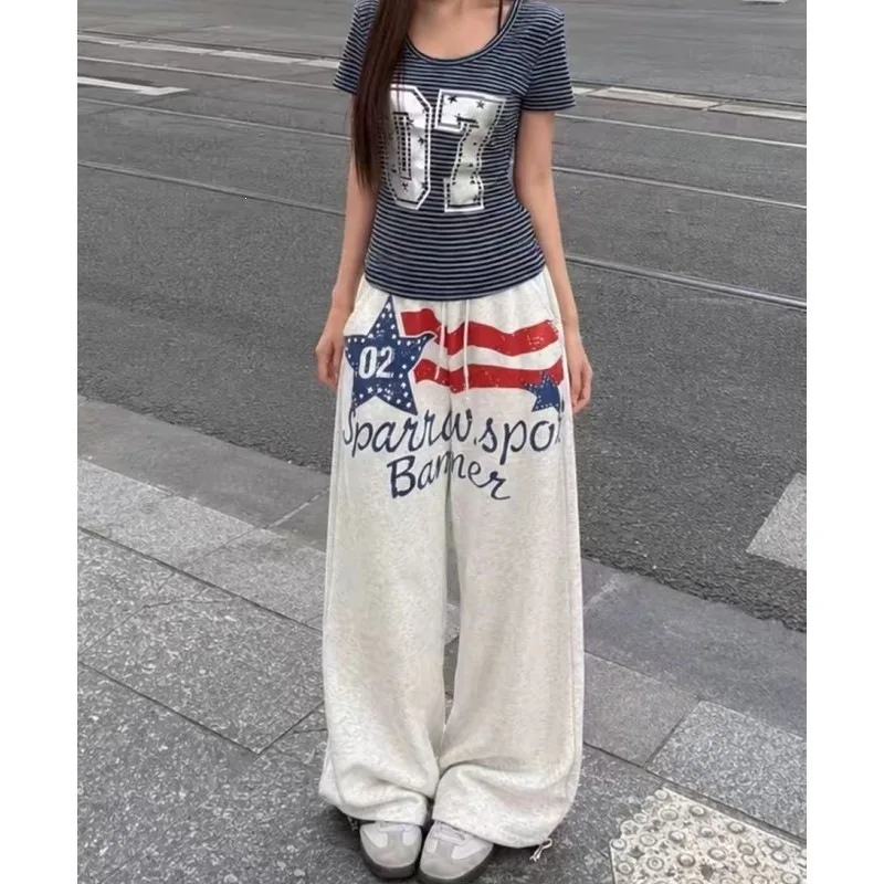 2026 Y2K American Hip-hop Goth Print Drawstring Wide Leg Sweatpants Loose 90s High Street Sports Floor Length Pants Streetwear