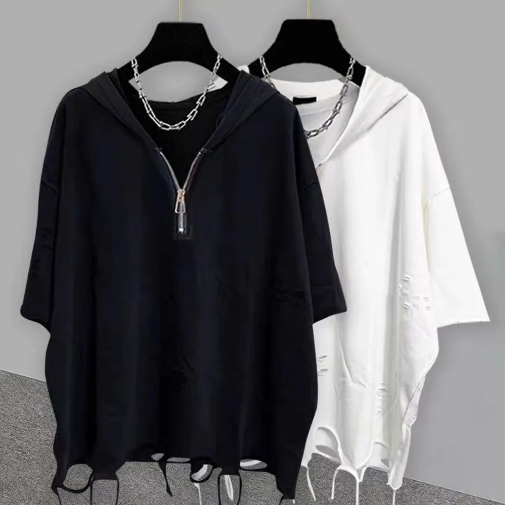 Mens Bat Sleeve Ripped Casual Hooded Top 2024 New Genderless Fashion Personality Solid Color Loose Short Sleeved T-Shirt Unisex