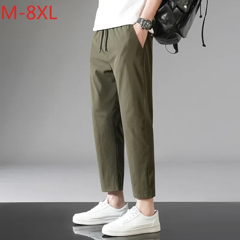 

2026 Summer Ice Silk Crop Pants for 125kg Men's Elastic Casual Edition Trendy Loose and Quick Drying Sports Crop Pants Big Size