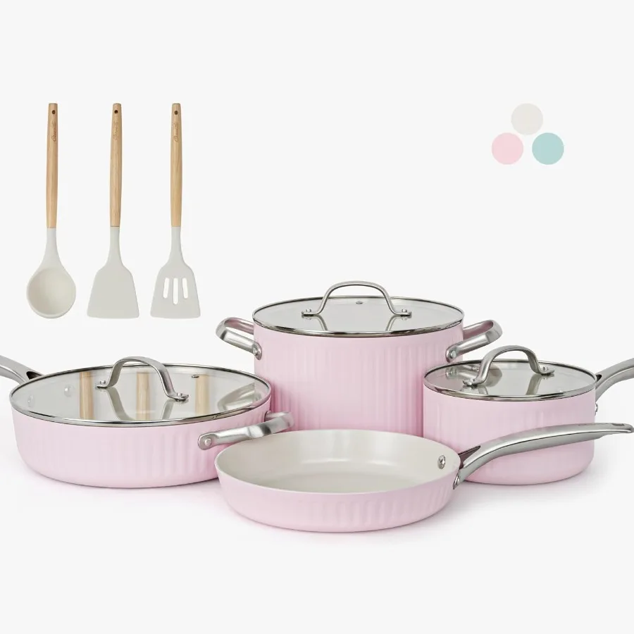 

10Pcs Nonstick Cookware Set with TriPly Construction and Ceramic Coating for Efficient Cooking Includes Pots and Pans with Stay