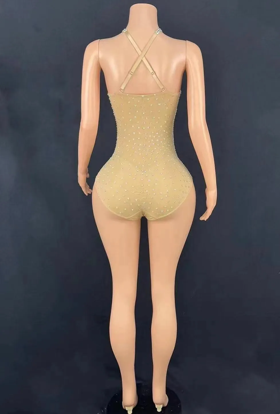 Huidskleur jumpsuit volledige diamant gogo bar bal feest diner jurk verjaardag luxe flash