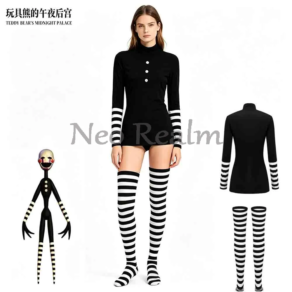 Disfraz de Payaso de FNAF, Vestido a Rayas, Leggings, Conjunto de Disfraz para Halloween, Carnaval, Actuaciones, Juego de Rol de Anime de Terror