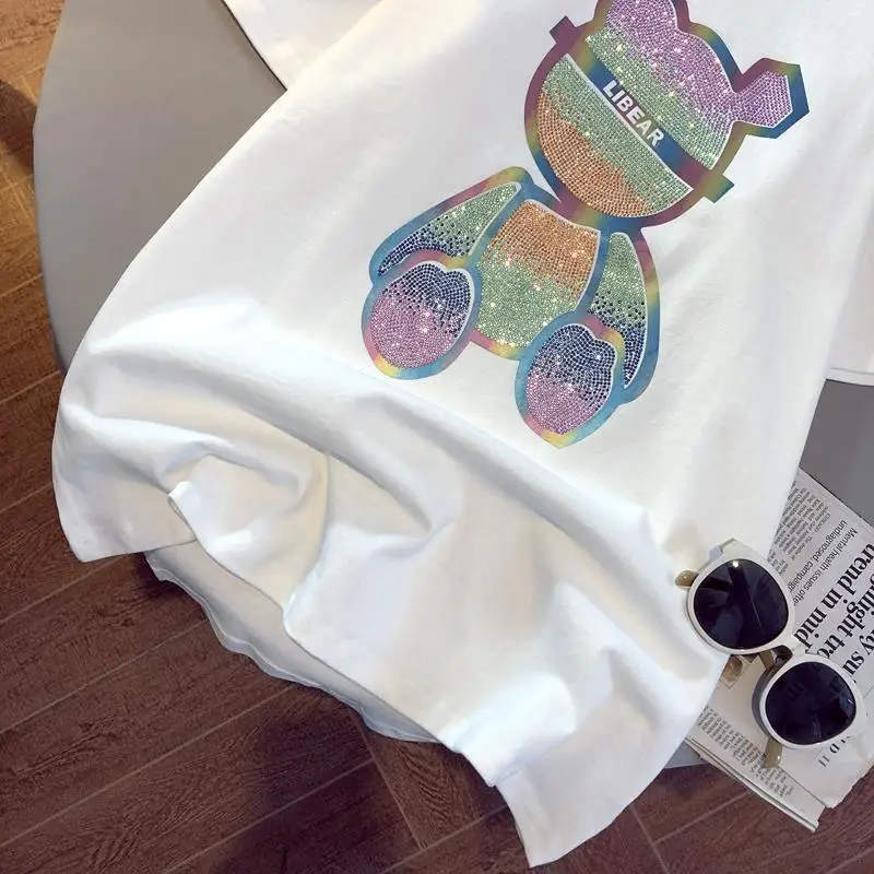 Summer New Heavy Industry Hot Drill Color Bear Loose Top T-Shirt Women