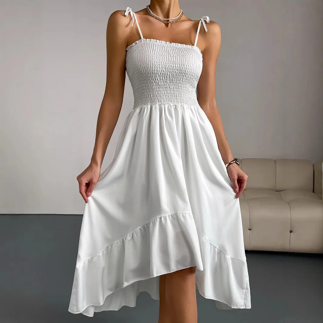 Summer New Women's Par Dr Pure Color Svel Pleated Asymmetrical Strap Long Skirt High Waist A-Line Gown Commute Sle