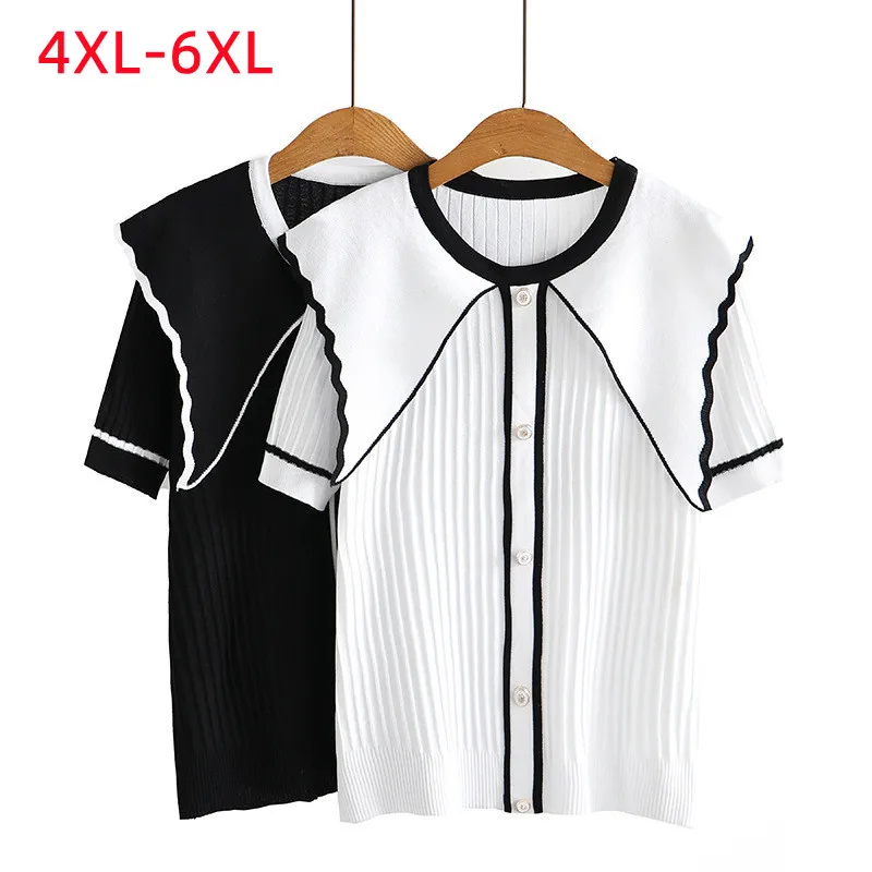 New 2022 Ladies Summer Plus Size Tops For Women Large Size Short Sleeve Slim Elastic Black White Knit T-shirt 4XL 5XL 6XL