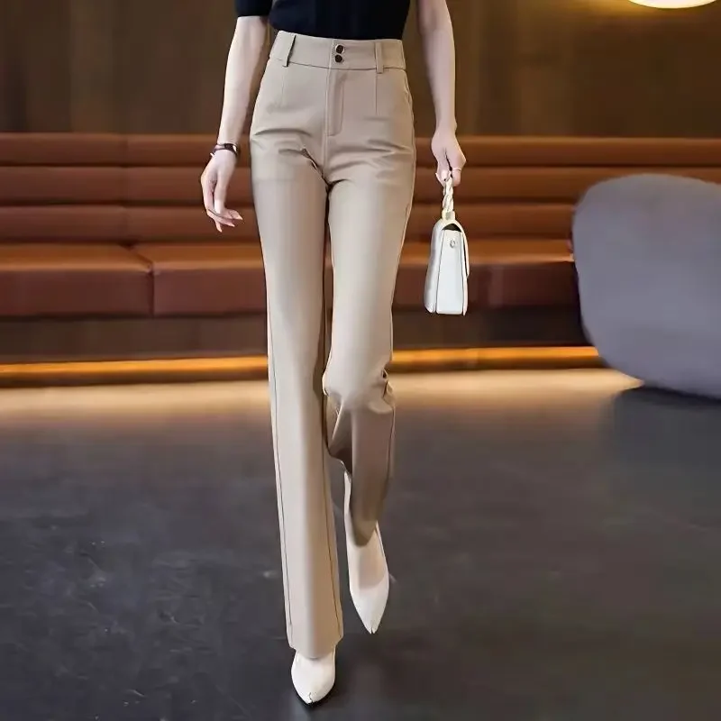 

Spring and Autumn Women's Solid Colors High Waist Slim Fashion Flare Pants Button Pockets Classic Commuter Korean Trousers