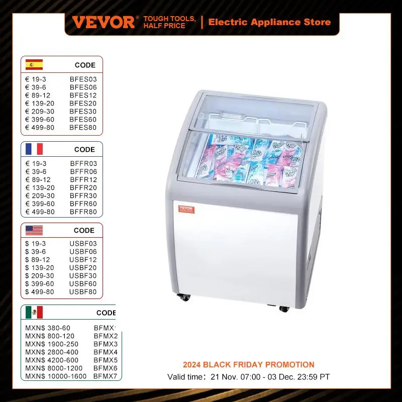 VEVOR Commercial Ice Cream Display Case Chest Freezer Mobile Glass Top Deep Freezer Restaurant Gelato Dipping Cabinet