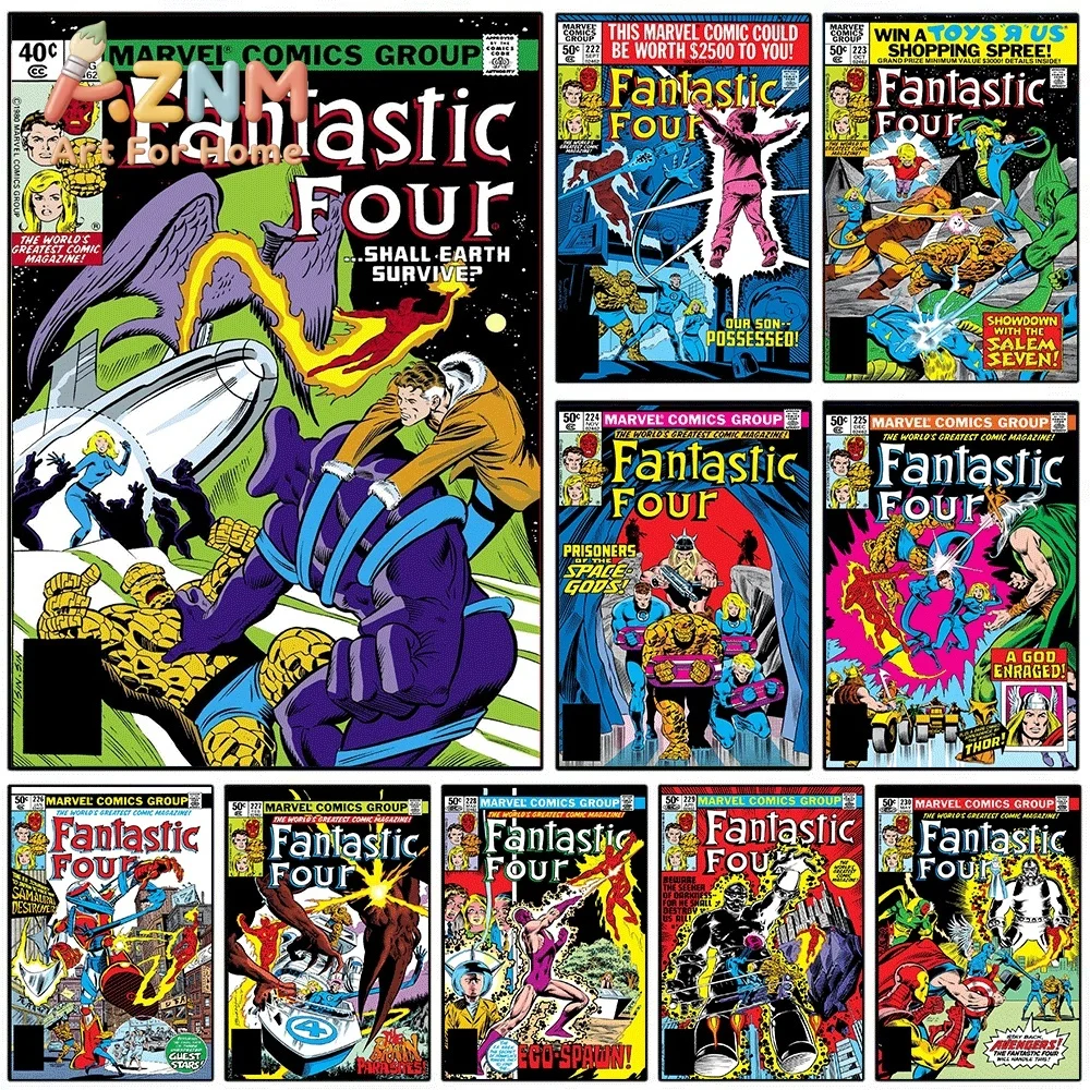 AZNM Fantastic Four Shall Earth Survive Vintage Comic Cover Collage Canvas Wall Art Unframed Print, Superhero Poster for Bedro