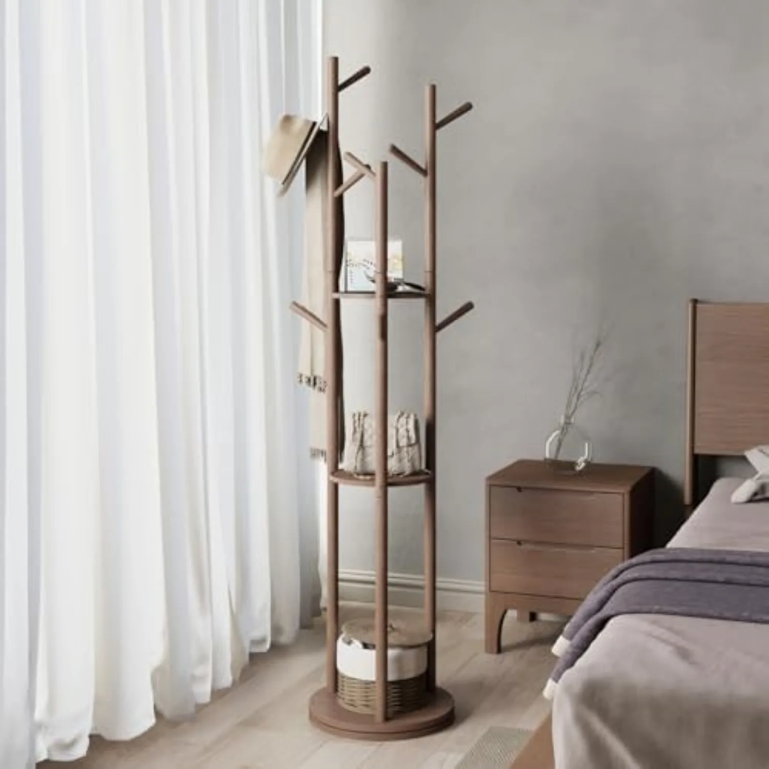 KASLANDI Coat Rack, Solid Wood Rotary Coat Rack Stand, Freestanding Coat Rack with 3 Shelves and 9 Hooks, Sturdy and Easy to Assemble Coat Tree for Entryway, Bedroom, Coats, Bags (Walnut)