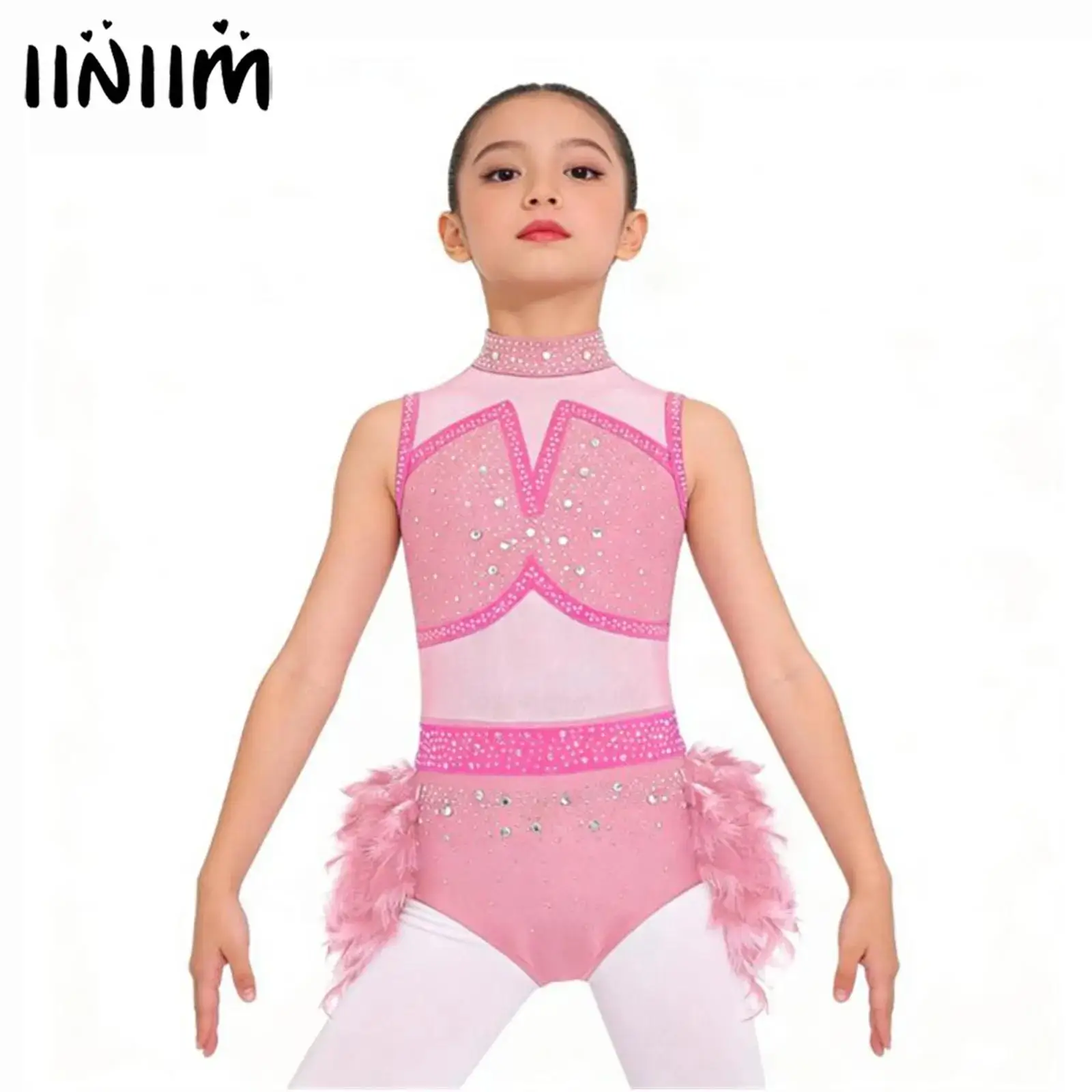 

Детский костюм для латинских танцев для девочек, костюм с вырезом сзади, блестящие стразы, цветной купальник, боди с юбкой из перьев