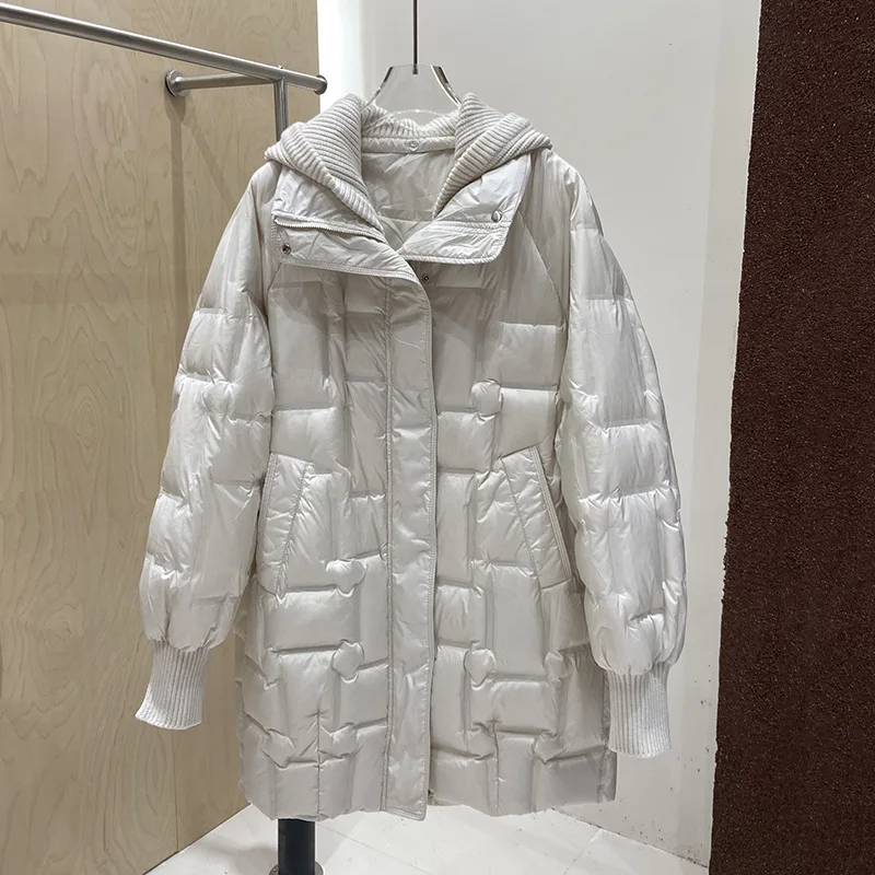 Women's Winter Top Coat Down Jacket White Duck Down Removable Knitted Hat Long Warm Simple Comfortable Casual Niche Versatile
