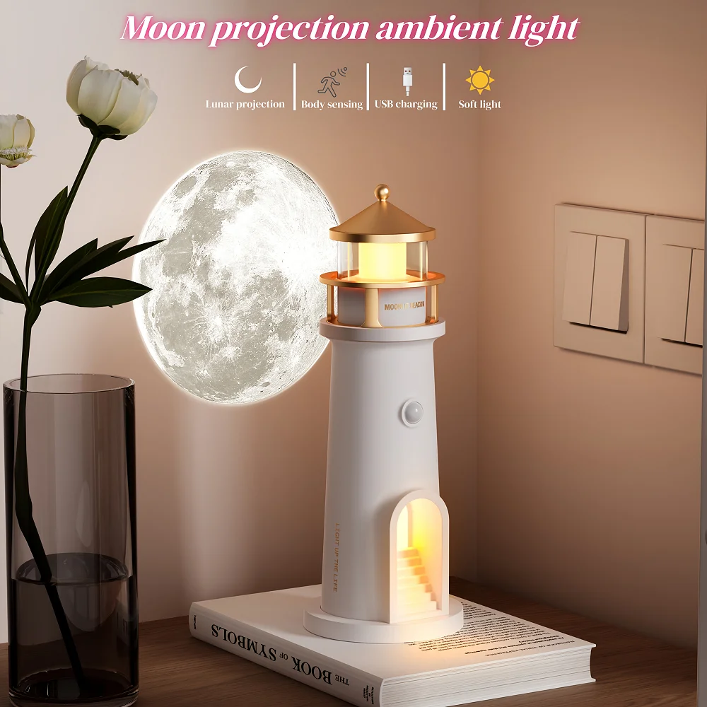 LED Lighthouse Human Body Induction Projection Lamp Moonlight Night Light USB Rechargeable Desk Lamp Bedroom Decor Gifts