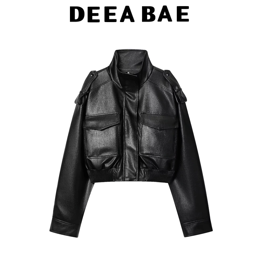 DEEABAE 가을 신상 여성용 반짝이는 인조 가죽 모터사이클 수트 가죽 재킷 숏 파일럿 재킷