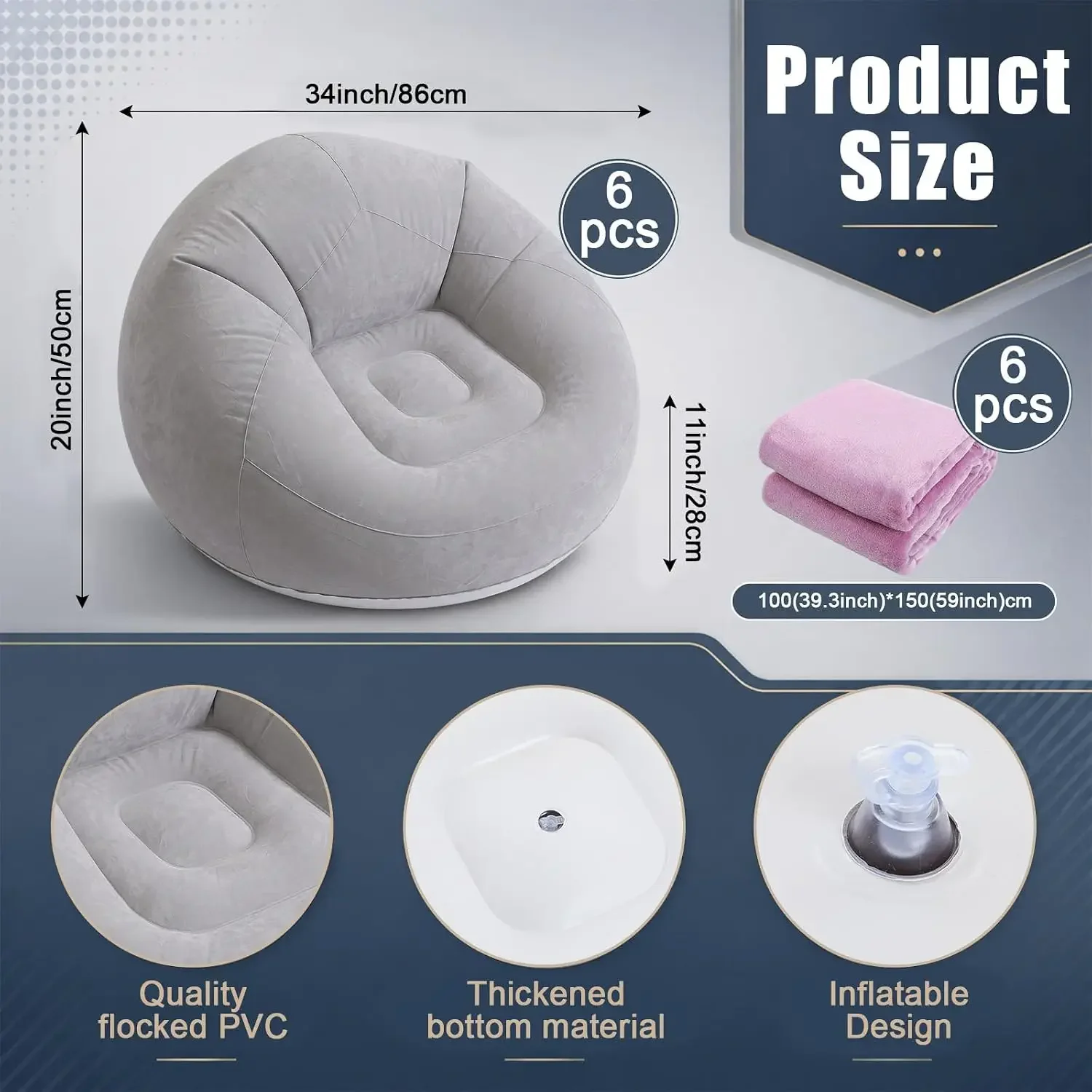 12 Pcs Inflatable Bean Bag Chairs Set with Foot Pump 6 Pcs Blow up Lazy Sofa and 6 Pack 40