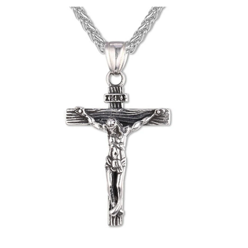 Vintage Christian Amulet Religious Jesus Cross Necklace Crucifix Pendant Handsome Men Stainless Steel Chain Necklace Jewelry