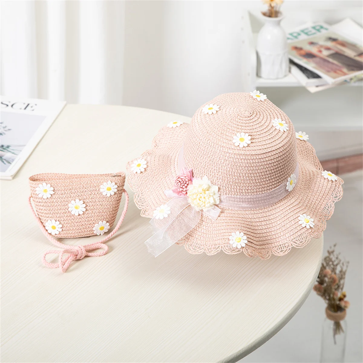 Kids Sun Hat Girls Summer New Straw Bag Cap Set Baby Travel Sun Protection Beach Hats Sun Fisherman Hat