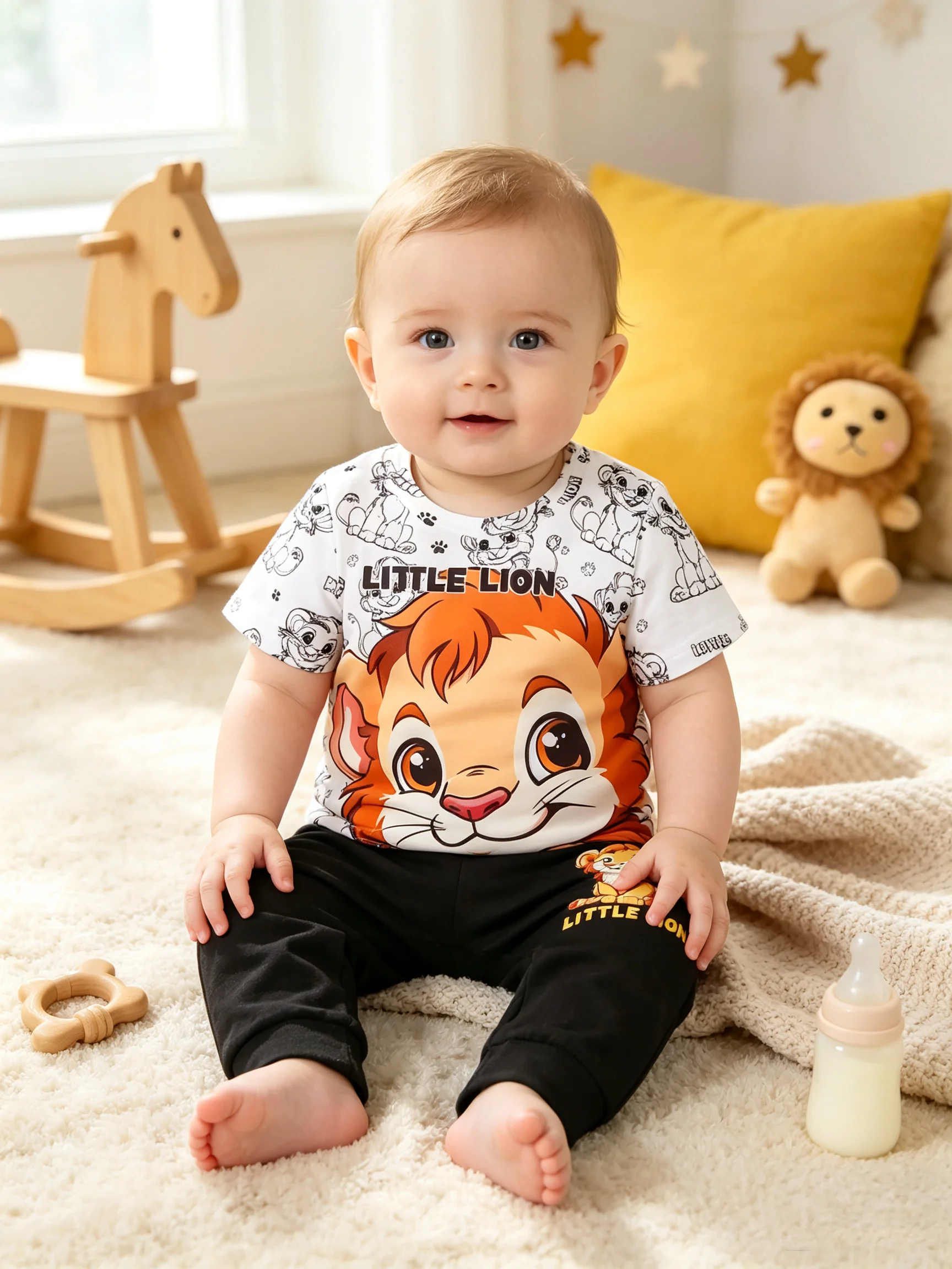Children's clothing set, casual cartoon lion print round neck short sleeved T-shirt top+elastic waist lion print pants set