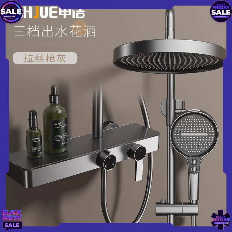 

Элитный душевой набор из цельной меди с большим баком, водопадным изливом, высоким давлением и регулировкой температуры для домашней ванной комнаты