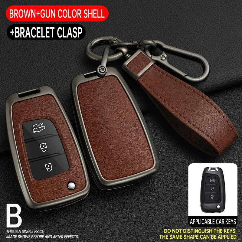 

Zinc Alloy Leather Car Folding Key Case Cover Bag Shell Protector For Hyundai Tucson Kona Azera Solaris 2 Elantra I30 I35 I40