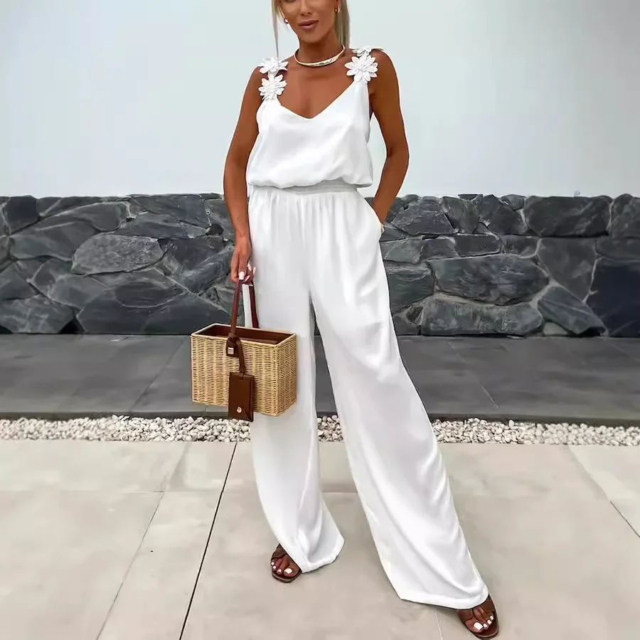 Vrouwen Mouwloze Rugloze Jumpsuits Overall Broek Lange Lange Hoge Taille V-Hals Kanten Band Jumpsuit