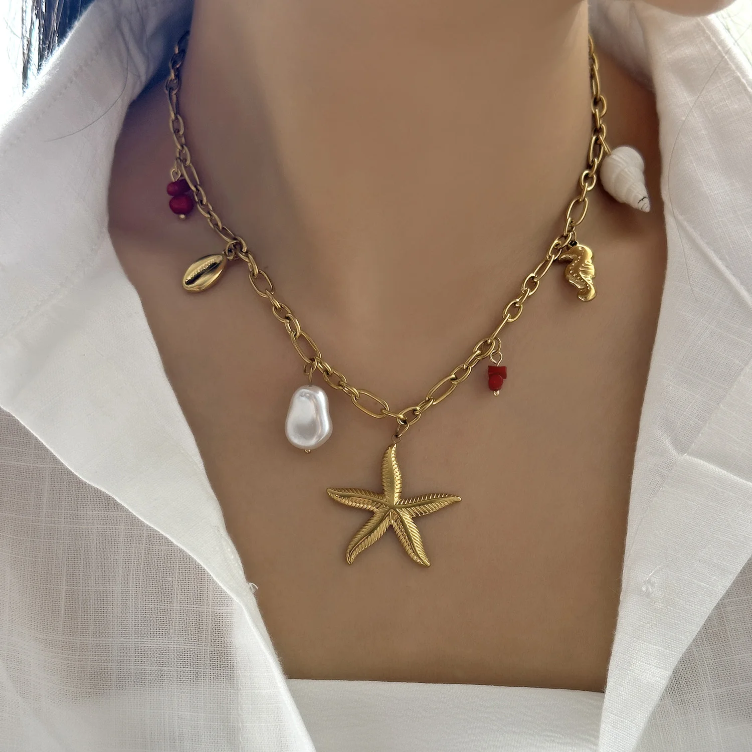 Mode Edelstahl Metall Conch Halsketten für Frauen Nette Shell Quaste Keramik Fisch Halsketten Party Täglichen Schmuck Geschenke – Detail 34