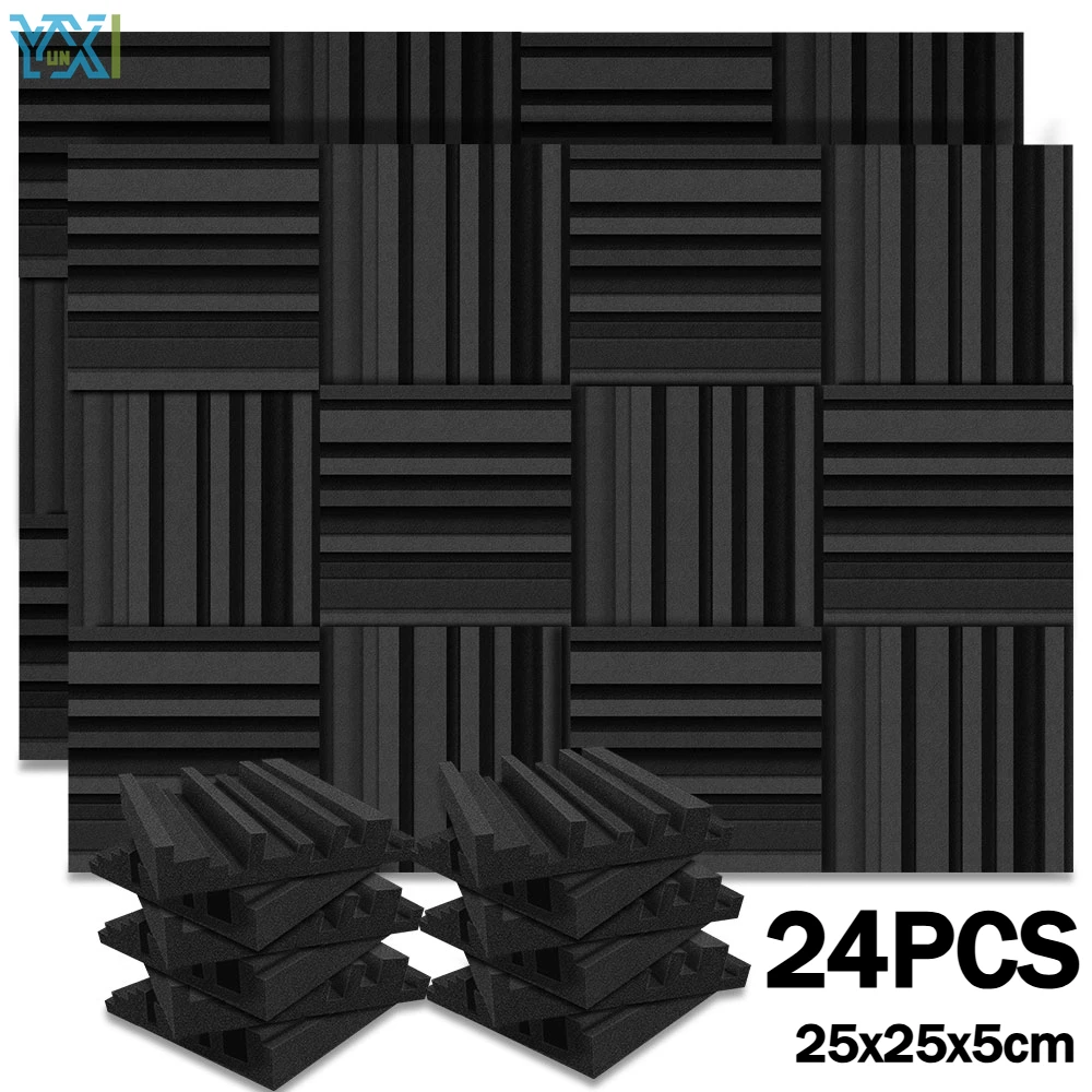 YUNXI 24Black 25x25x5cm Broadband Acoustic Foam Panels Dense Soundproof Padding Tile Studio Sound Absorbing Sound Treatment