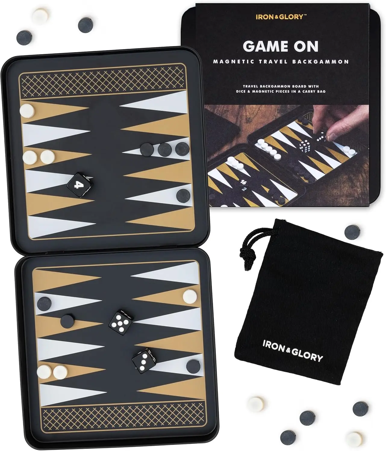 

Iron & Glory Magnetic Backgammon Set, Portable Tin Case with Secure Magnetic Pieces, Compact Strategy Game for Family Fun, Great