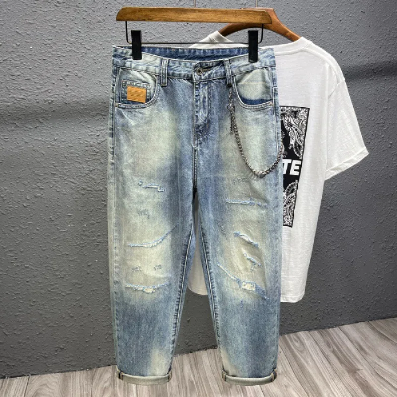 Pantalones vaqueros rasgados con diseño de adornos para hombre, transpirables, cómodos, tendencia Retro desgastada, a la moda, informales, combinan