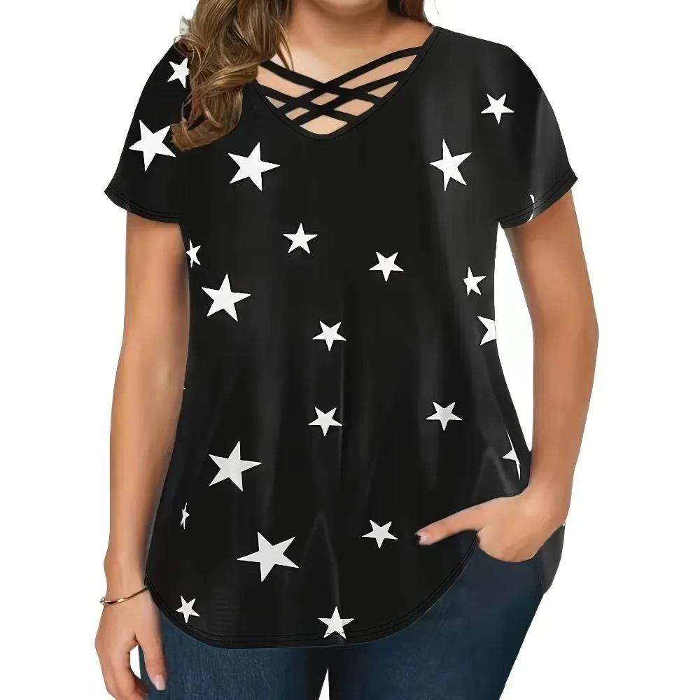 

Plus Size 1XL-5XL Women's Casual Star Print Criss Cross V-Neck Top Tee Women Casual Solid Color Short Sleeved T-shirt