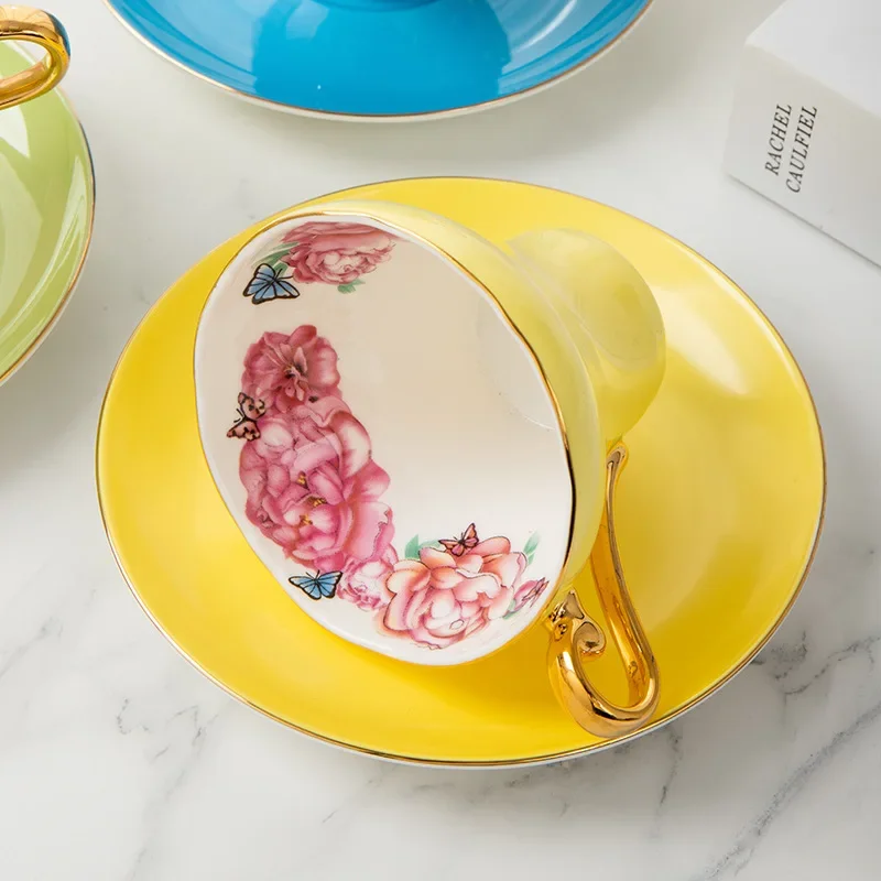 Floral Pattern Bone China Coffee Cup and Saucer with Gold Handle 130ml Home Creative Waist Curved Afternoon Tea Cup set